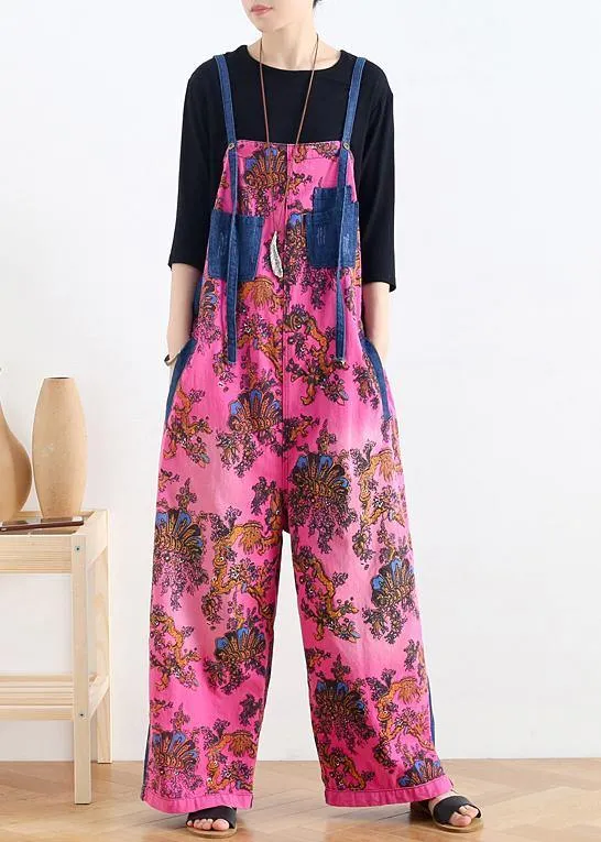 2021 retro national style rose printed loose denim overalls