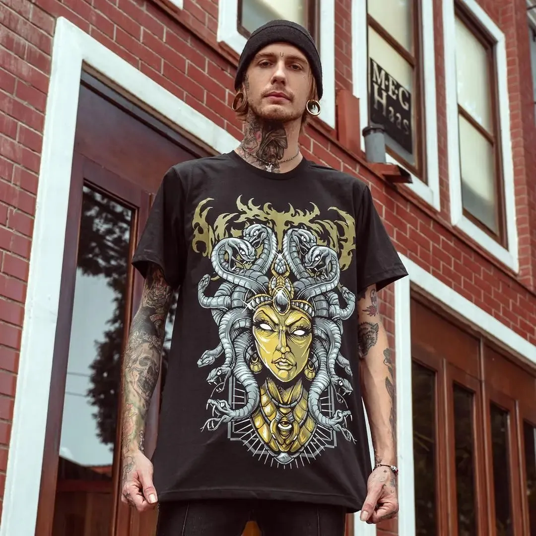 2024 European and American Trendy Medusa Personalized Print Tattoo High Street T-shirt Men's and Women's Loose Round Neck Top