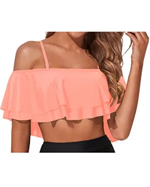 Adjustable Flounce Swimsuit Top Off Shoulder Swim Top-Coral Pink