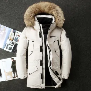 Ashore Shop Winter Mens Hooded 90% White Duck Down Long Jacket Men Fur Collar Cargo Thick Windbreaker M-3XL