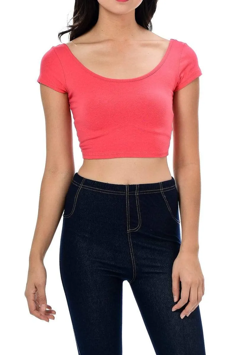 Auliné Collection Womens Trendy Solid Color Basic Scooped Neck and Back Crop Top