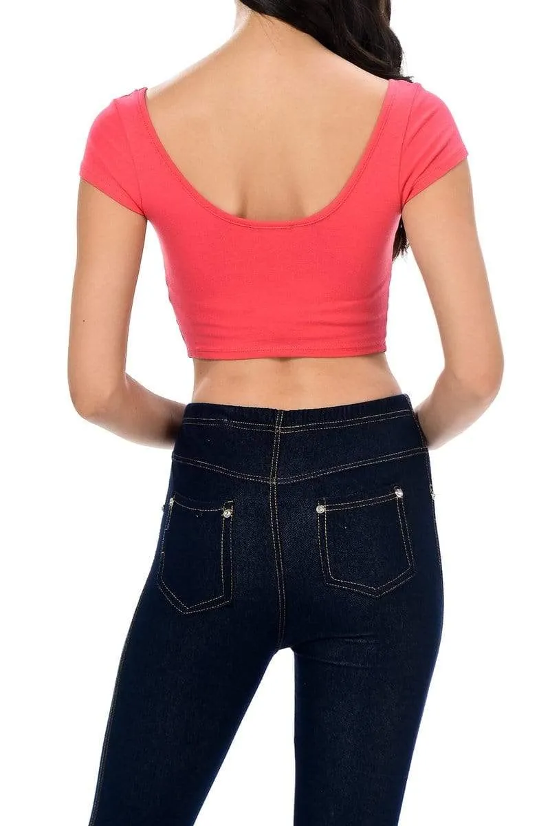 Auliné Collection Womens Trendy Solid Color Basic Scooped Neck and Back Crop Top