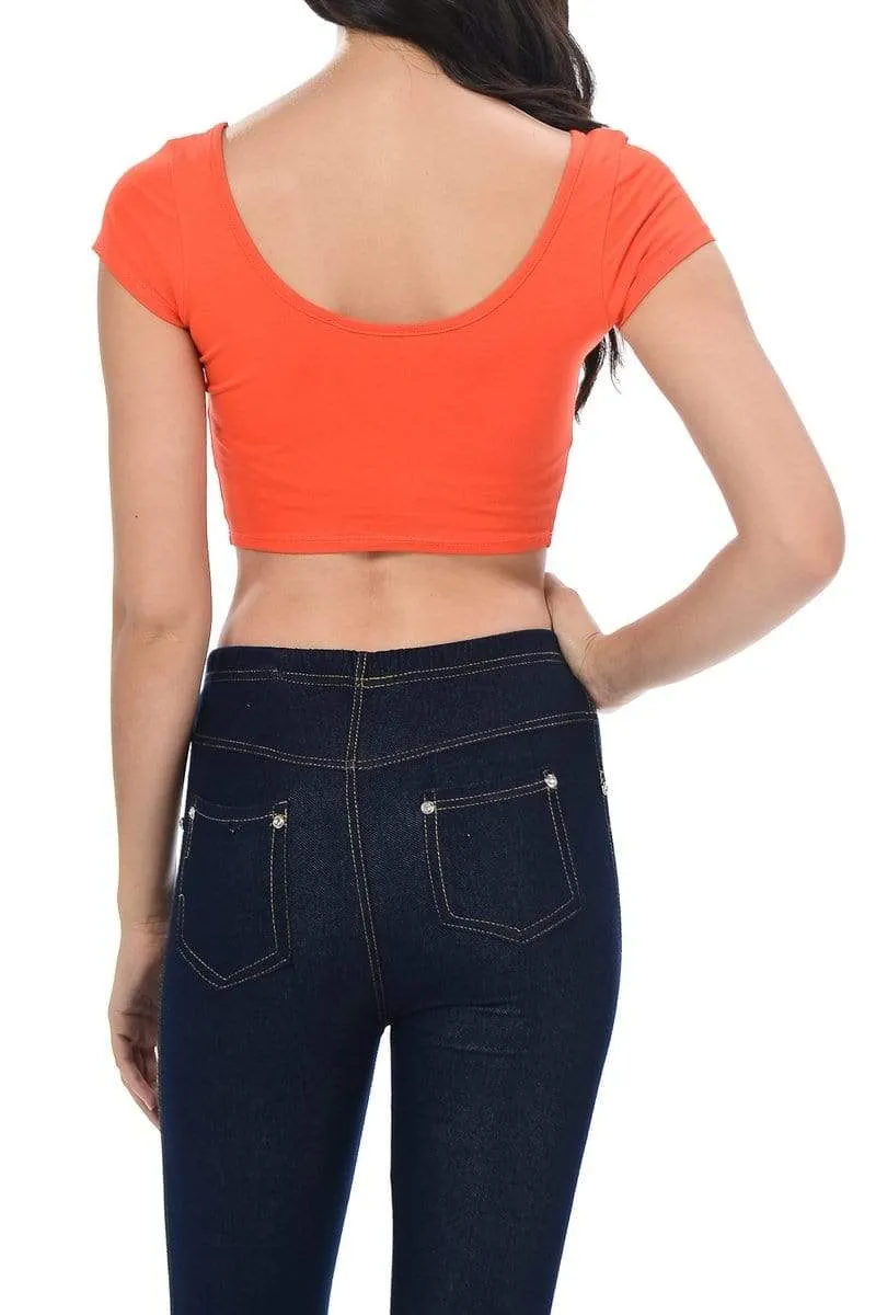 Auliné Collection Womens Trendy Solid Color Basic Scooped Neck and Back Crop Top