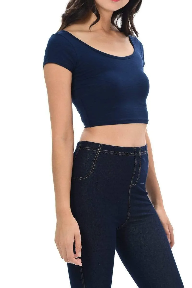 Auliné Collection Womens Trendy Solid Color Basic Scooped Neck and Back Crop Top