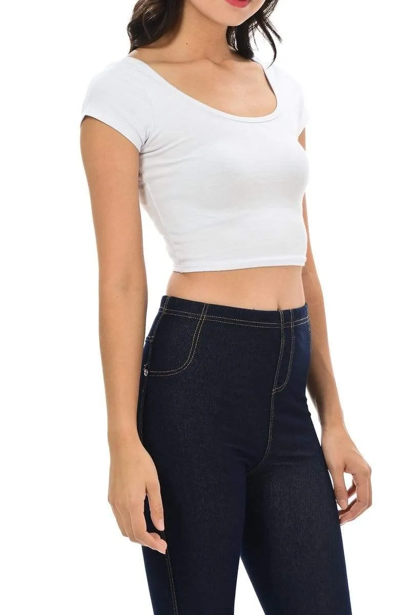 Auliné Collection Womens Trendy Solid Color Basic Scooped Neck and Back Crop Top