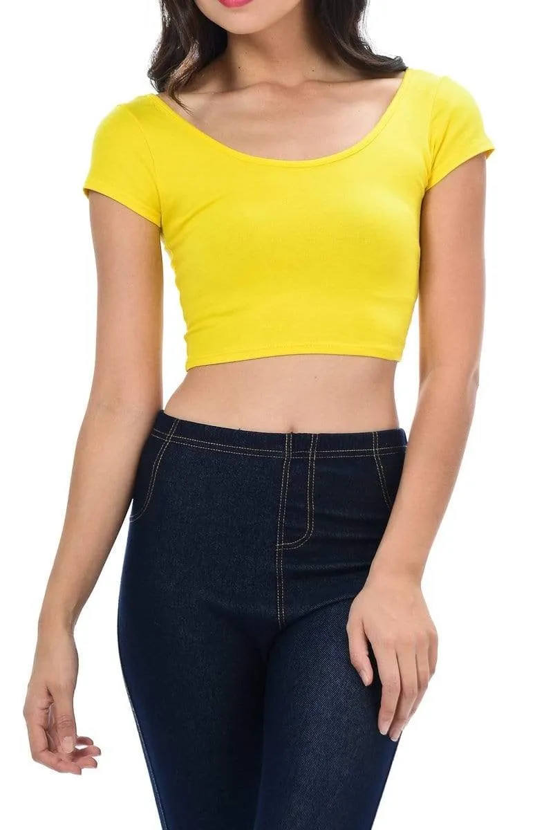 Auliné Collection Womens Trendy Solid Color Basic Scooped Neck and Back Crop Top