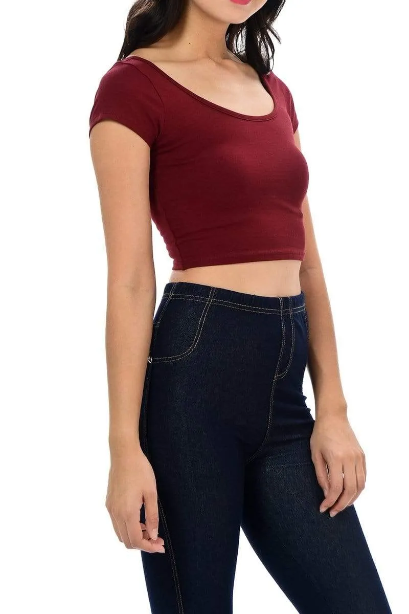 Auliné Collection Womens Trendy Solid Color Basic Scooped Neck and Back Crop Top