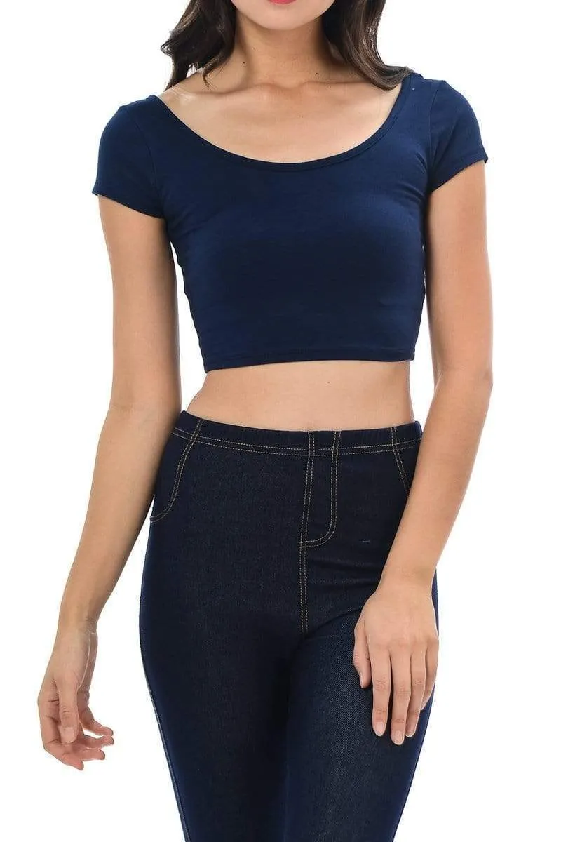 Auliné Collection Womens Trendy Solid Color Basic Scooped Neck and Back Crop Top