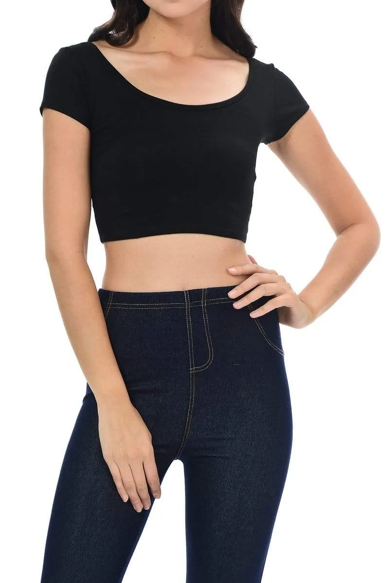 Auliné Collection Womens Trendy Solid Color Basic Scooped Neck and Back Crop Top