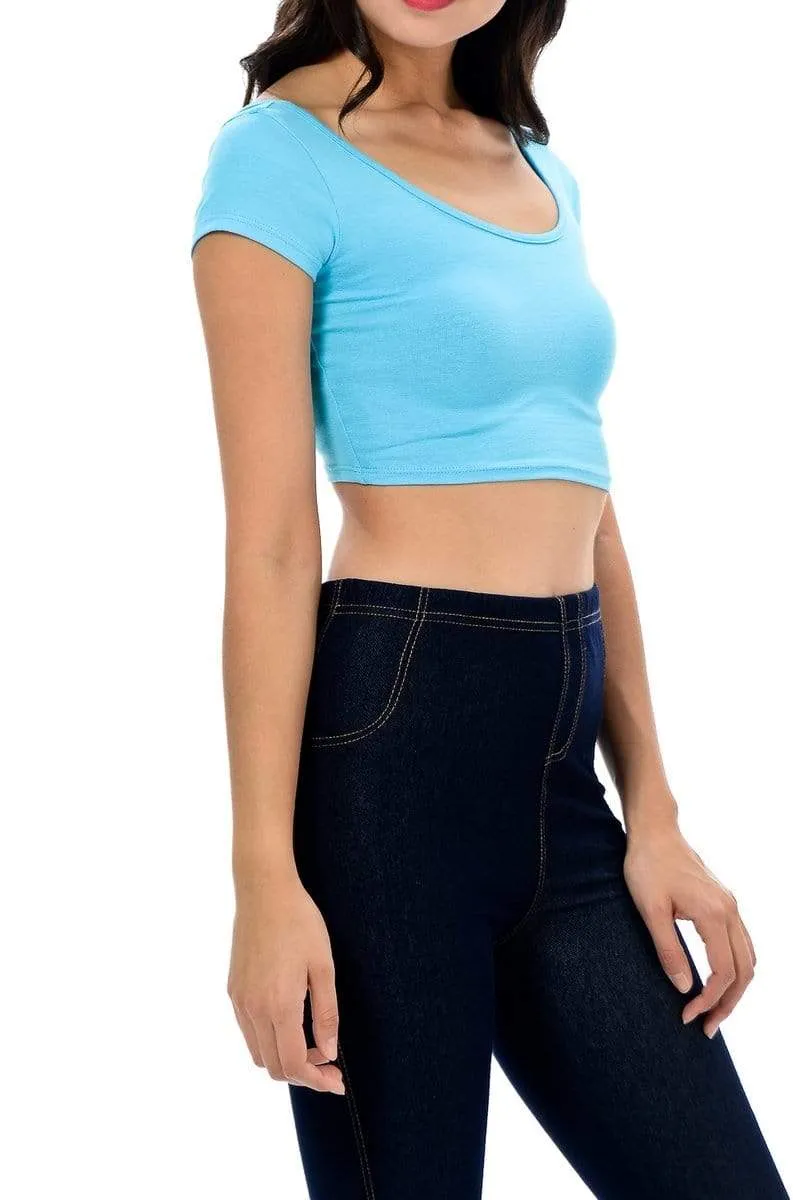 Auliné Collection Womens Trendy Solid Color Basic Scooped Neck and Back Crop Top