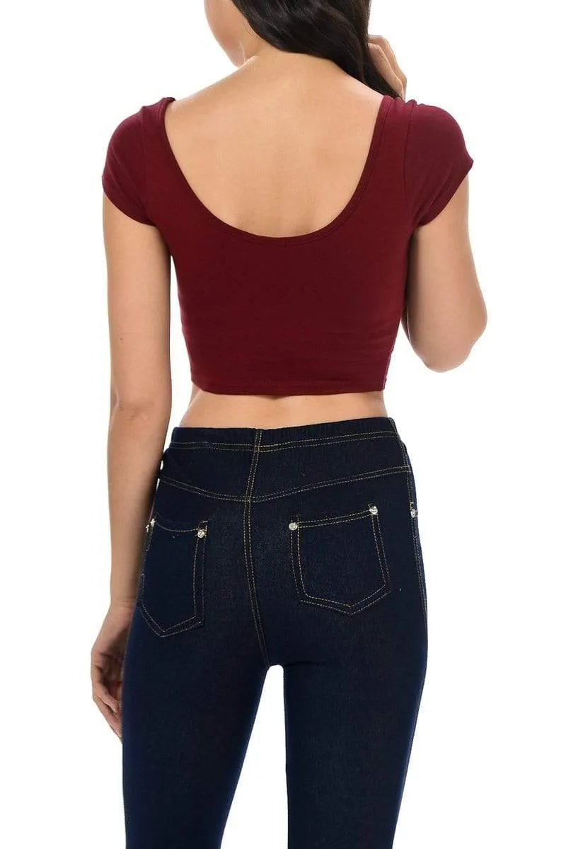 Auliné Collection Womens Trendy Solid Color Basic Scooped Neck and Back Crop Top