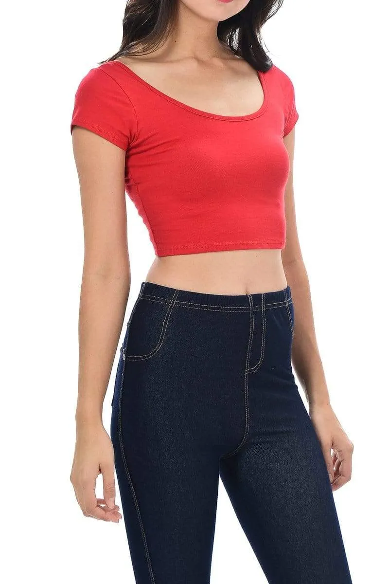 Auliné Collection Womens Trendy Solid Color Basic Scooped Neck and Back Crop Top