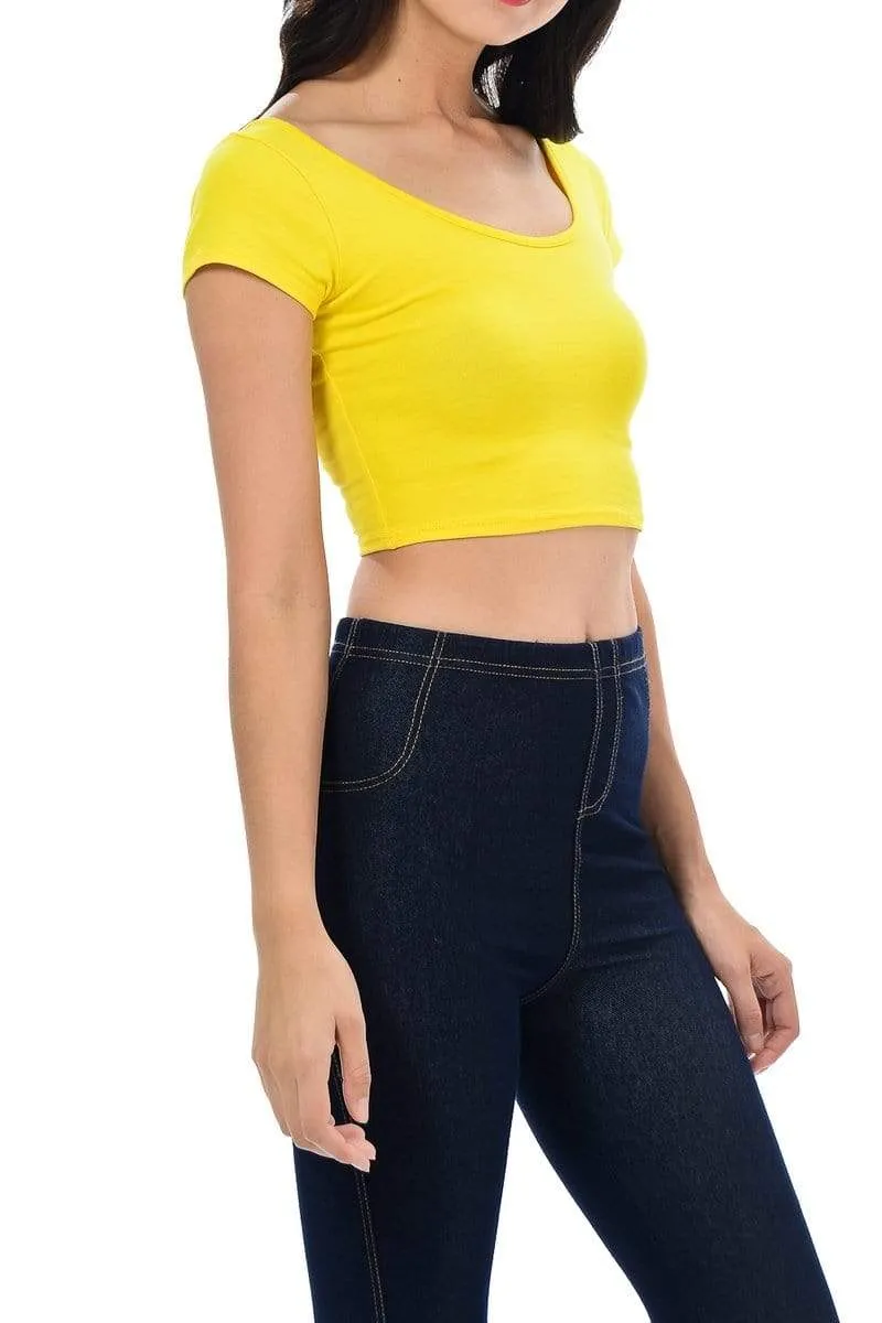 Auliné Collection Womens Trendy Solid Color Basic Scooped Neck and Back Crop Top