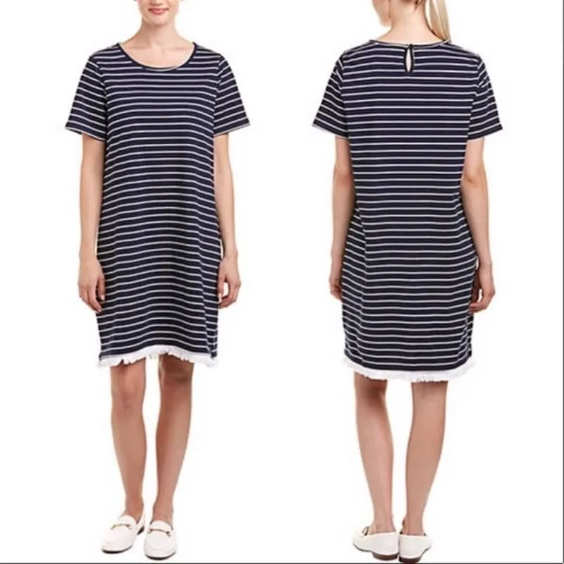 Beach Lunch Lounge Ladies Navy Blue & Cream Striped T-Shirt Dress w/ Fringe, S