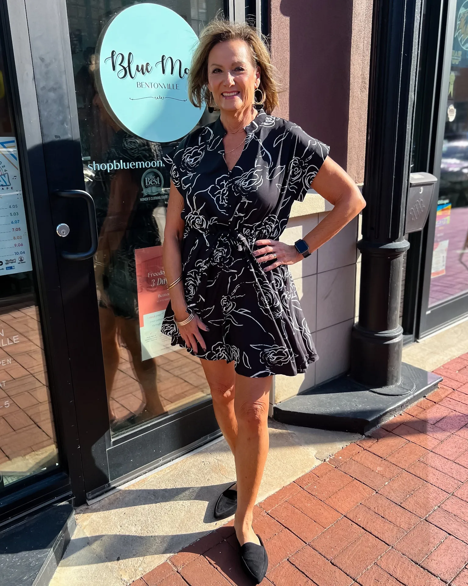 Black Floral Mini Dress w/Cap Sleeves