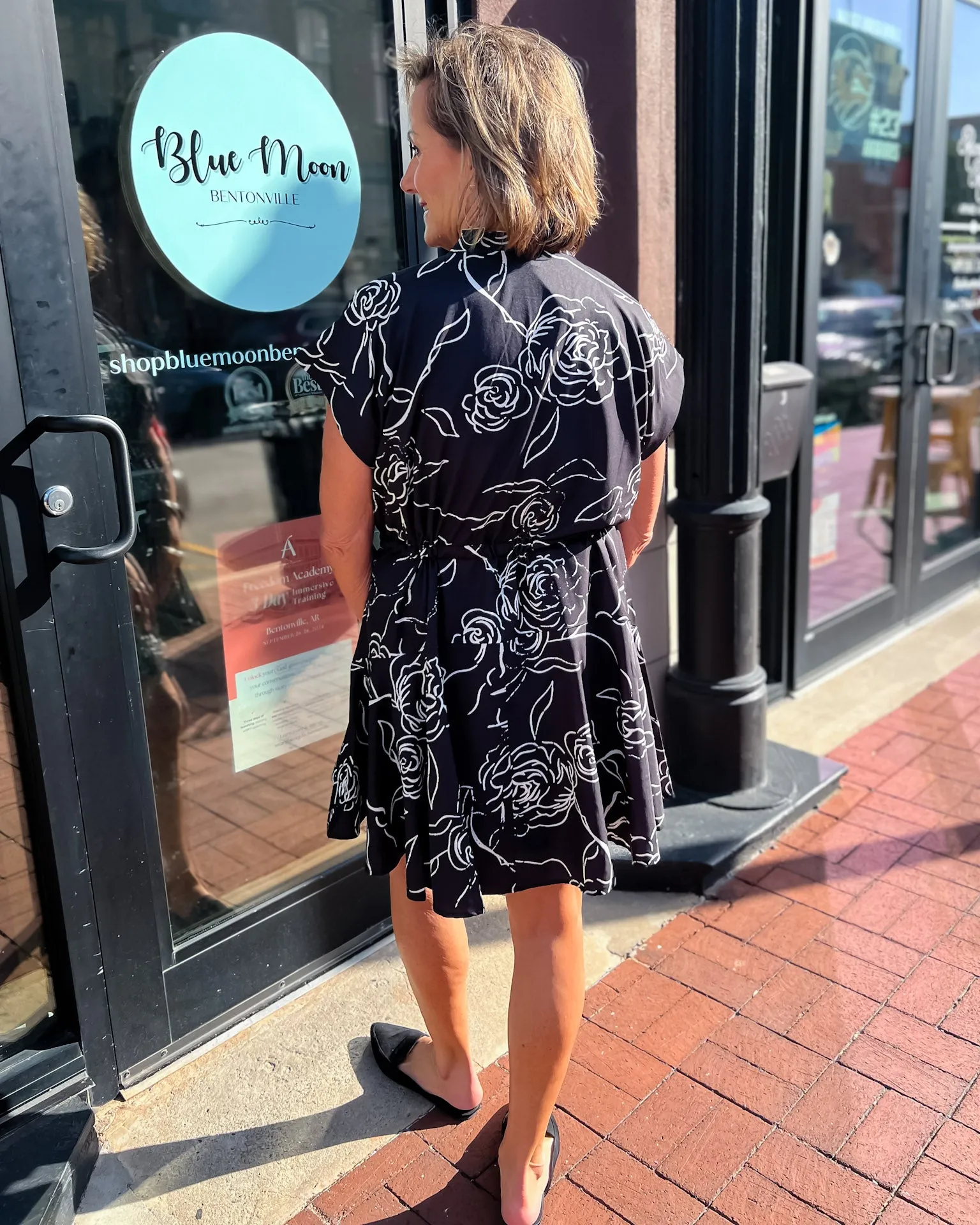 Black Floral Mini Dress w/Cap Sleeves