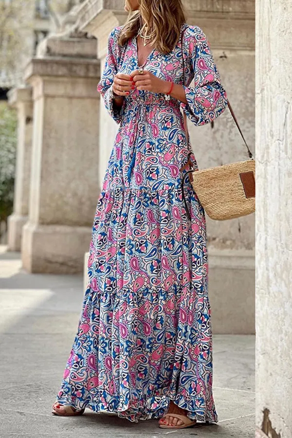 Boho Paisley V Neck Long Sleeve Maxi Dress