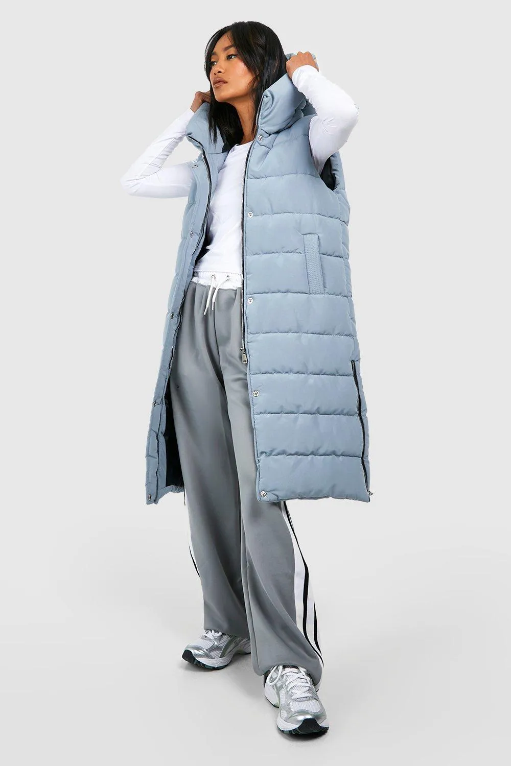 Boohoo Long Vest with Hood, Gray