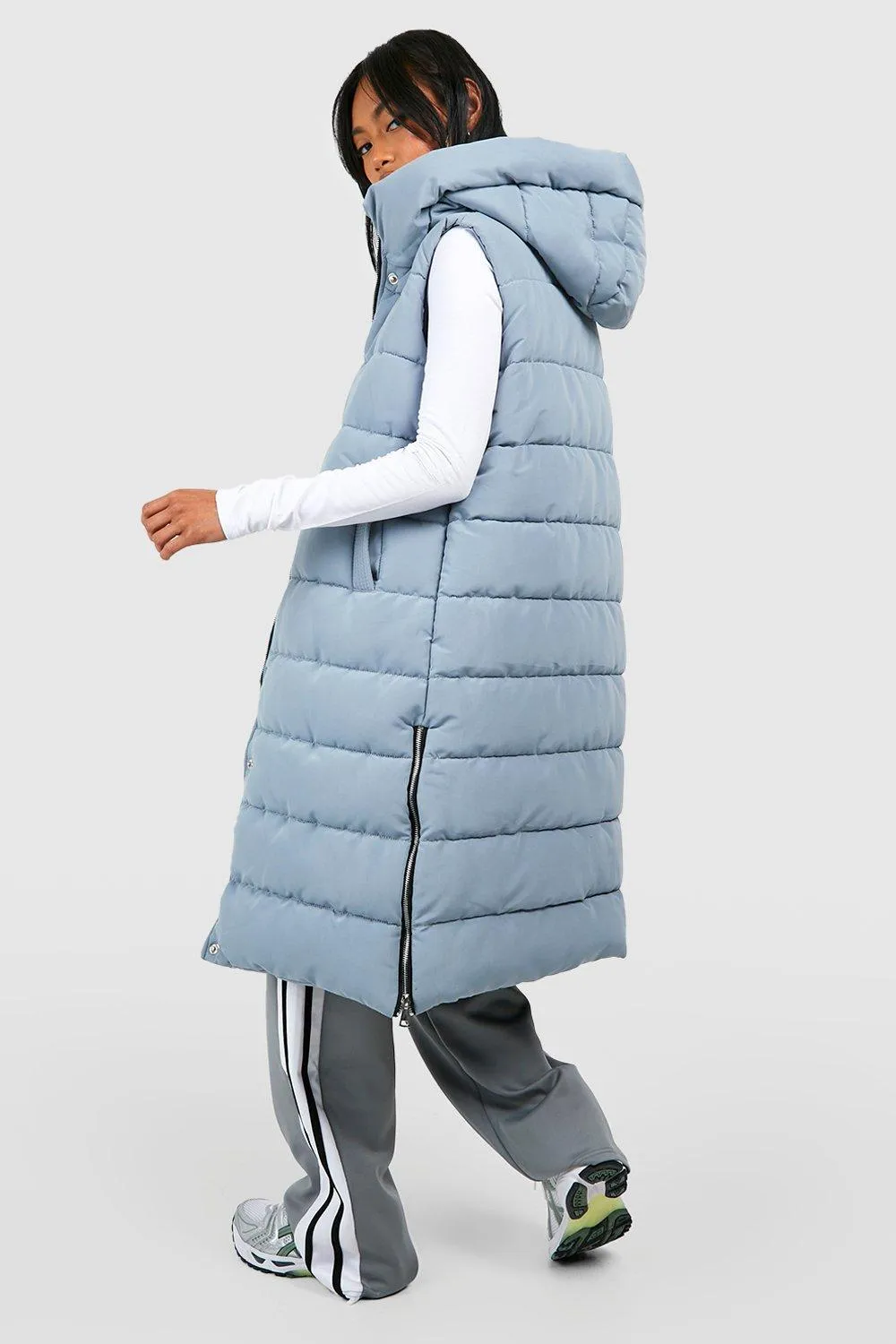 Boohoo Long Vest with Hood, Gray