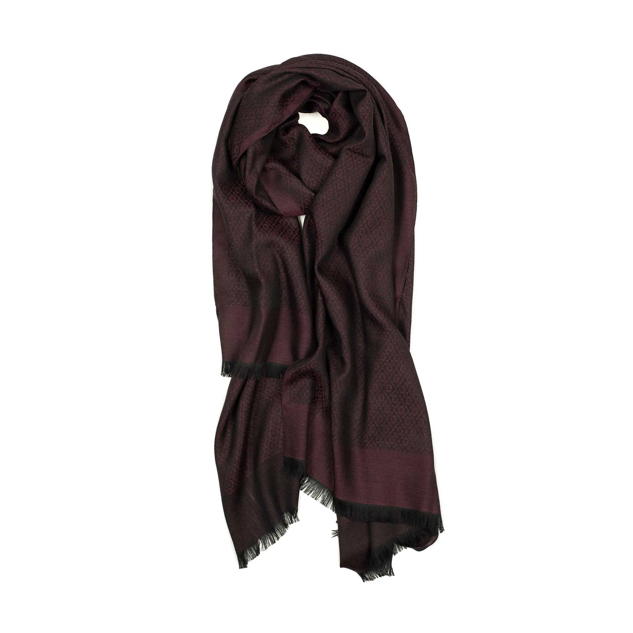 Cashmere, wool and silk stole, burgundy tonal geometric motifs