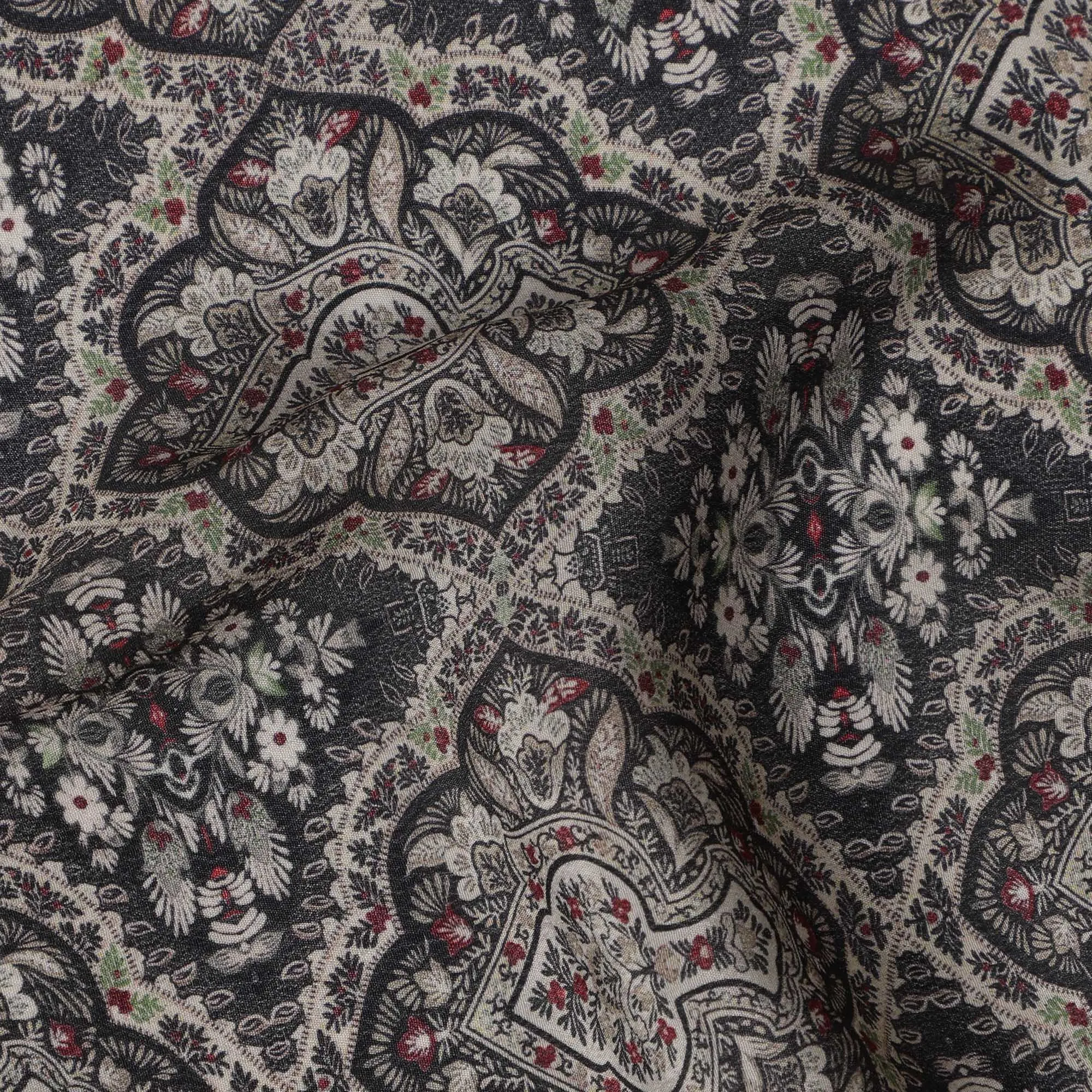 Charcoal Black Viscose Digital Printed Fabric with Paisley Floral Motifs, 110 cm Width-D21294