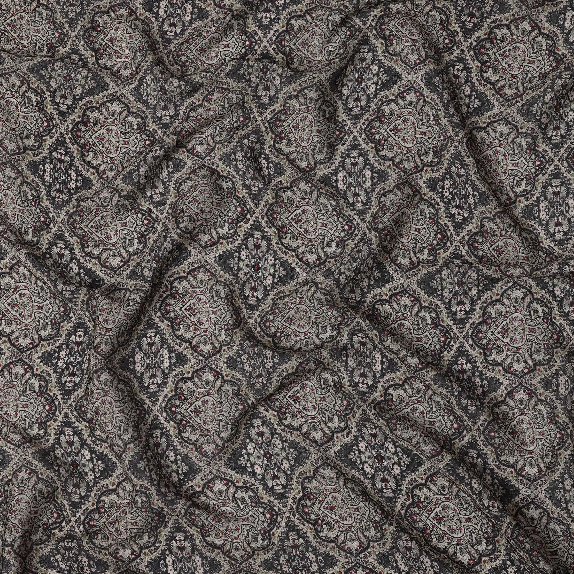 Charcoal Black Viscose Digital Printed Fabric with Paisley Floral Motifs, 110 cm Width-D21294