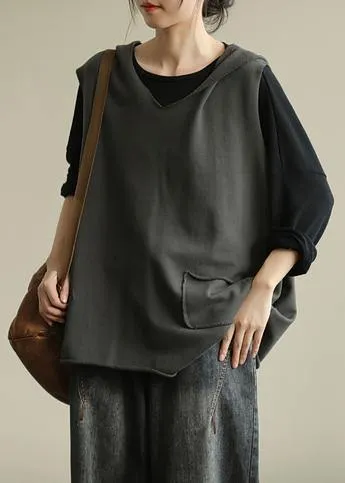 Chic hooded sleeveless tops women Work gray blouse