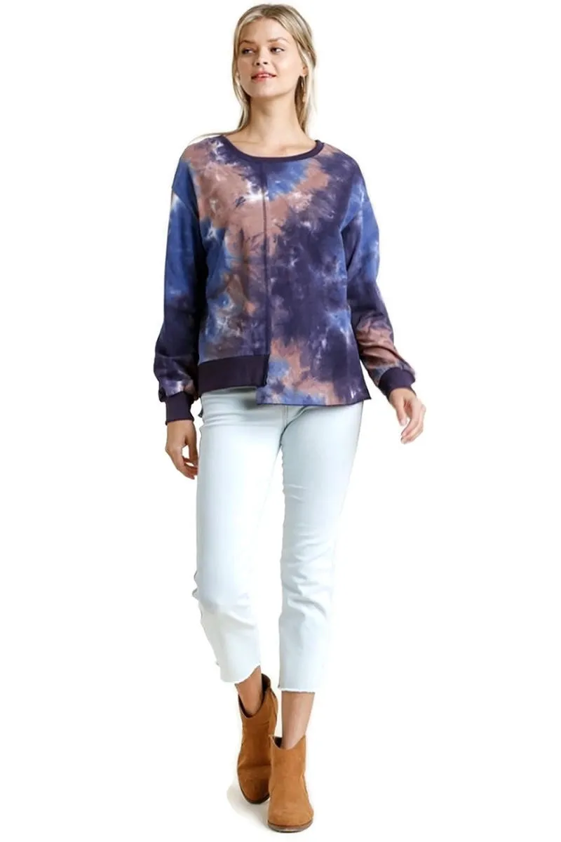 Contrast Trim Tie Dye Top, Blue