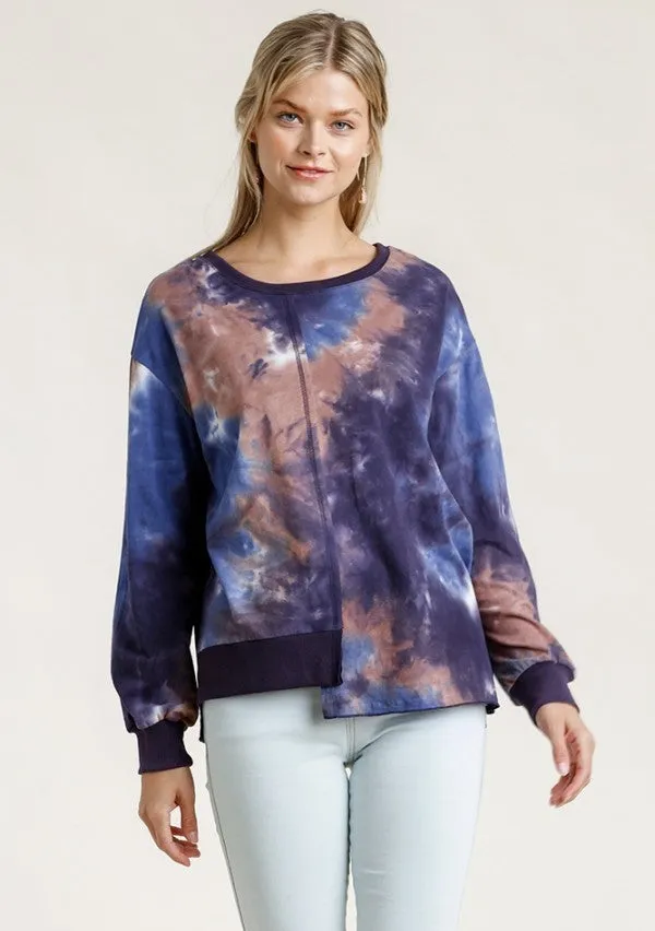 Contrast Trim Tie Dye Top, Blue