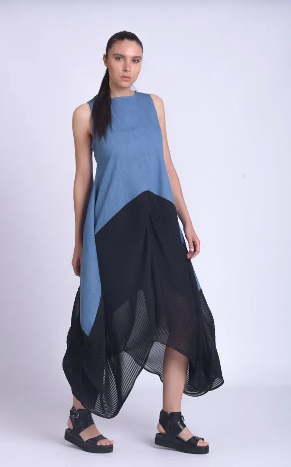 Denim Dress With Pleated Chiffon Hem