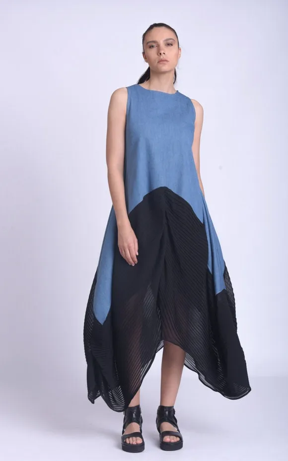 Denim Dress With Pleated Chiffon Hem