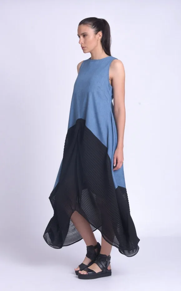 Denim Dress With Pleated Chiffon Hem