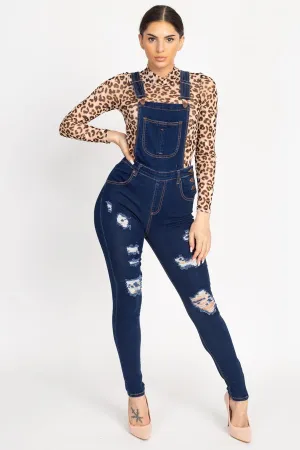 Distressed Denim Skinny Overalls