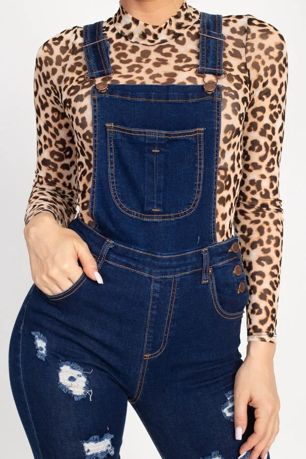 Distressed Denim Skinny Overalls