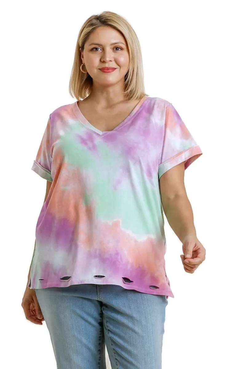 Distressed Tie Dye Top, Peach/Purple