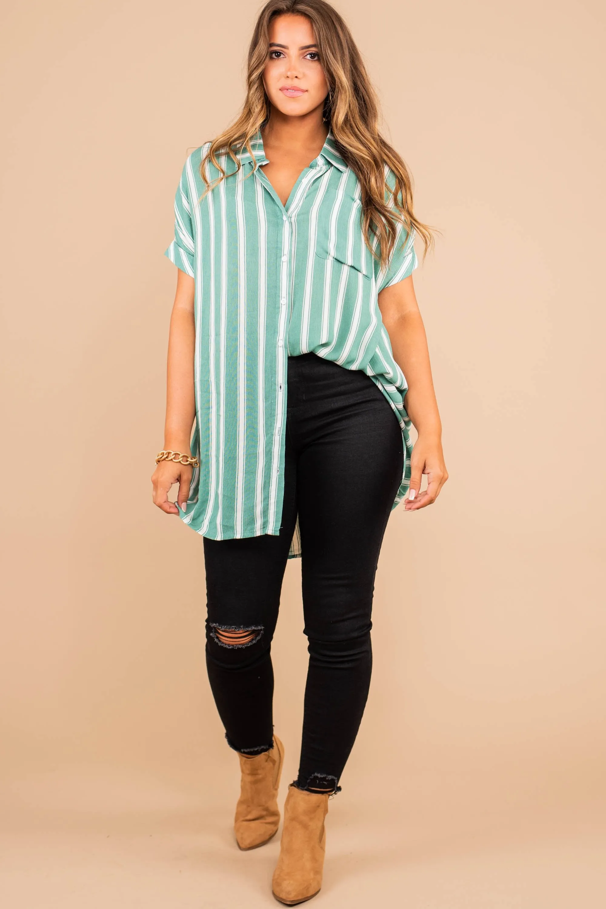 Do What You Love Sage Green Striped Tunic