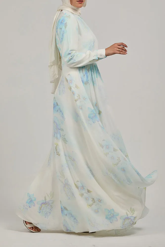 Elarae Serene Sky Chiffon Maxi Dress with Floral Print