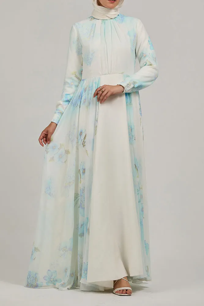 Elarae Serene Sky Chiffon Maxi Dress with Floral Print