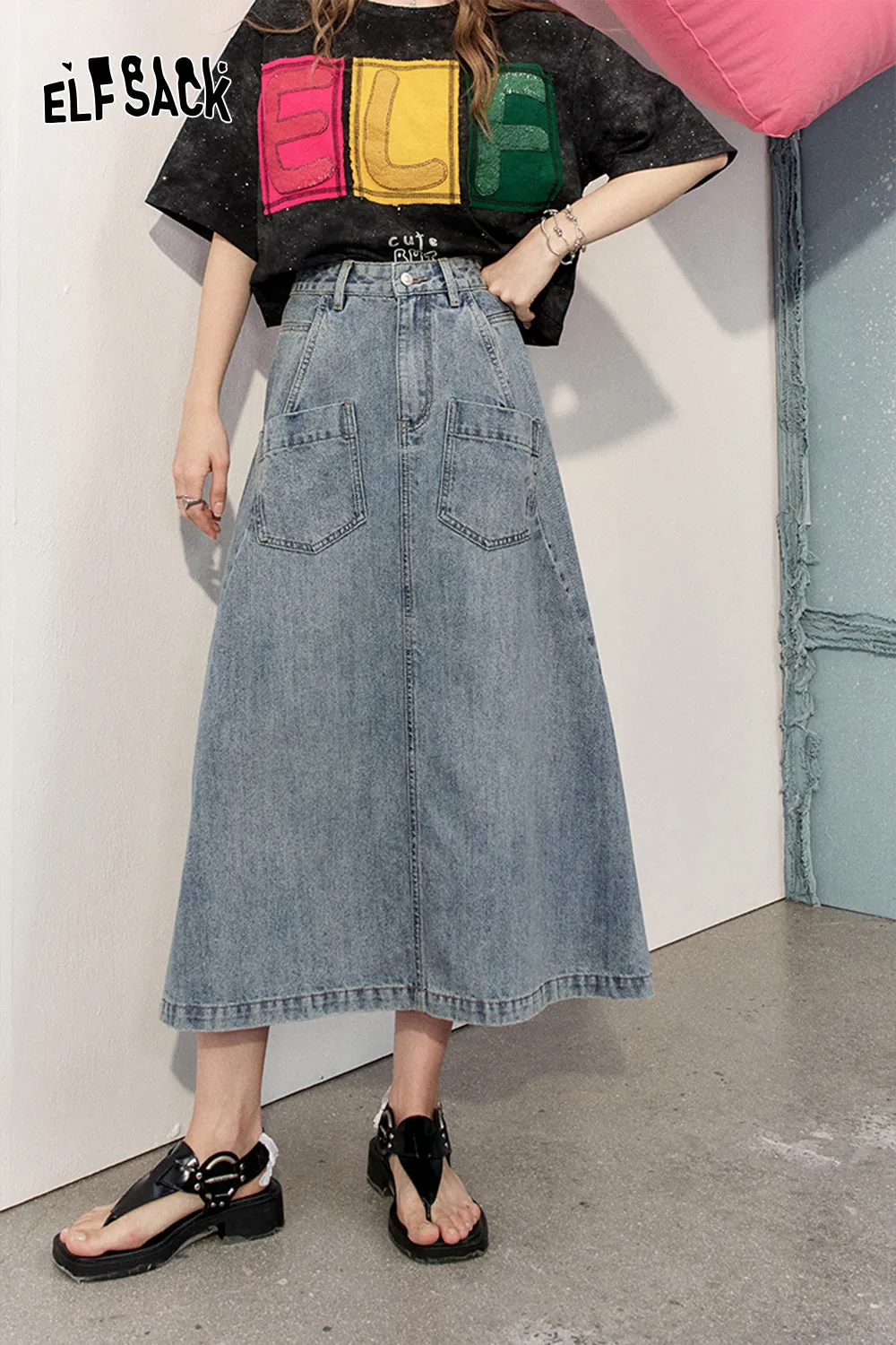 ELFSACK 2024 Summer New Arrivals Retro denim skirt, women's casual versatile high waisted short skirt