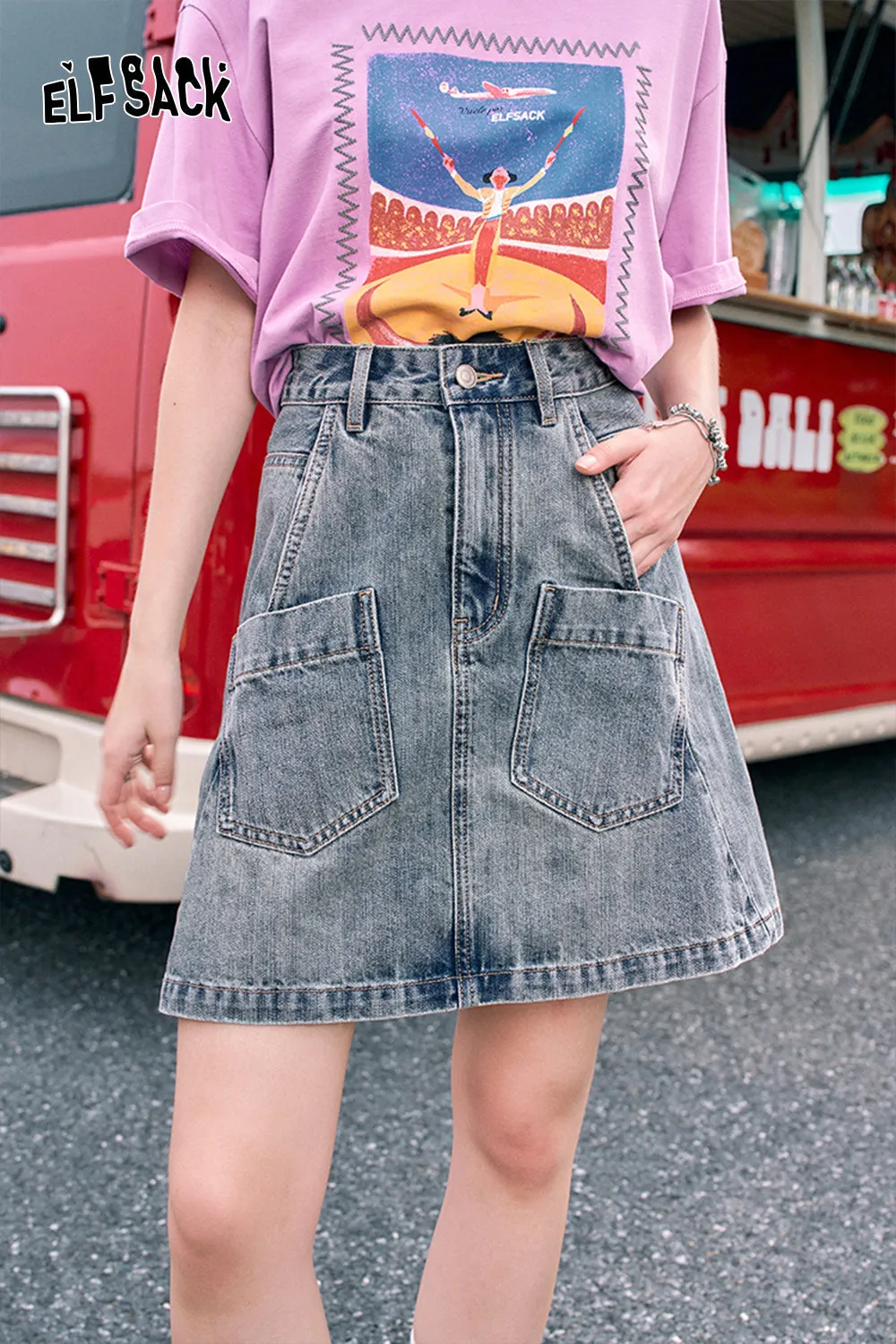 ELFSACK 2024 Summer New Arrivals Retro denim skirt, women's casual versatile high waisted short skirt