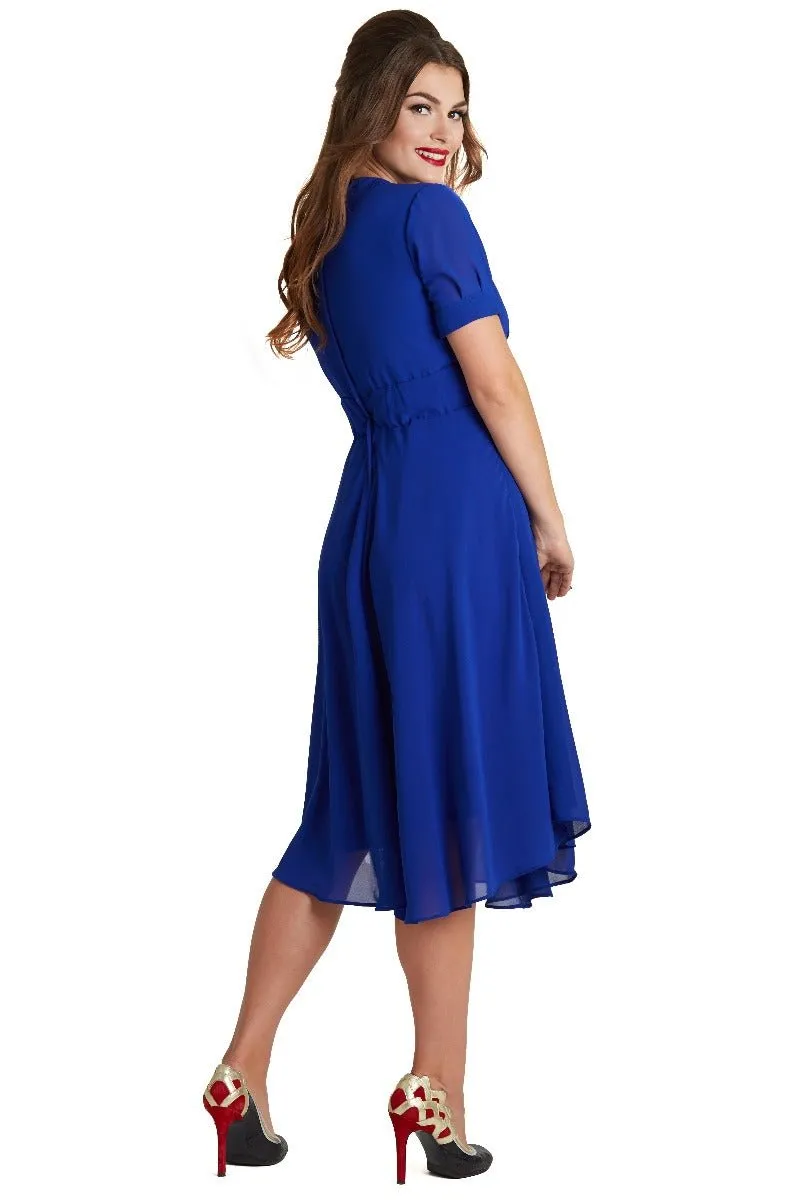 Elise 40's Balloon Sleeved Chiffon Dress in Royal Blue