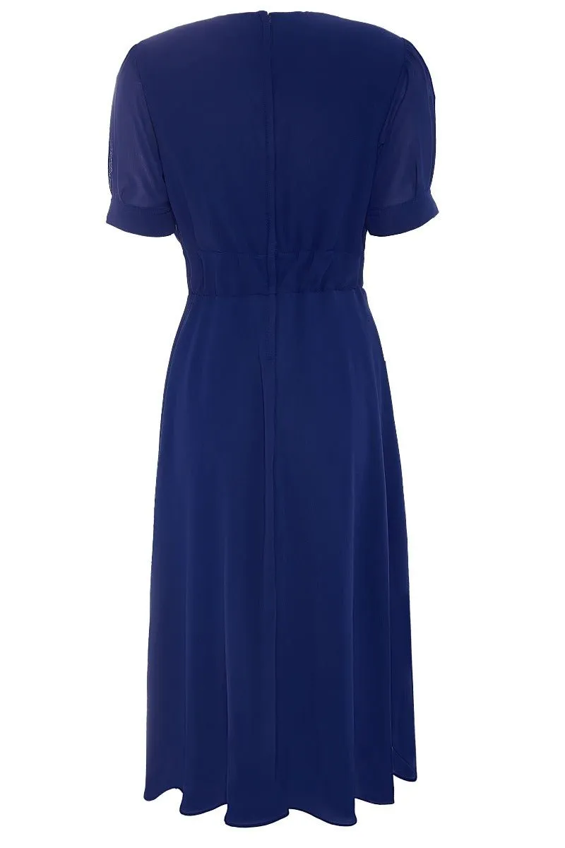 Elise 40's Balloon Sleeved Chiffon Dress in Royal Blue