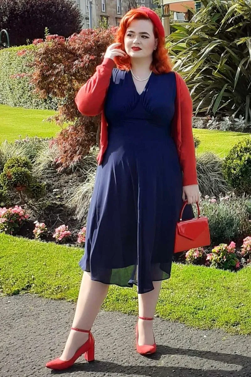 Elise 40's Balloon Sleeved Chiffon Dress in Royal Blue