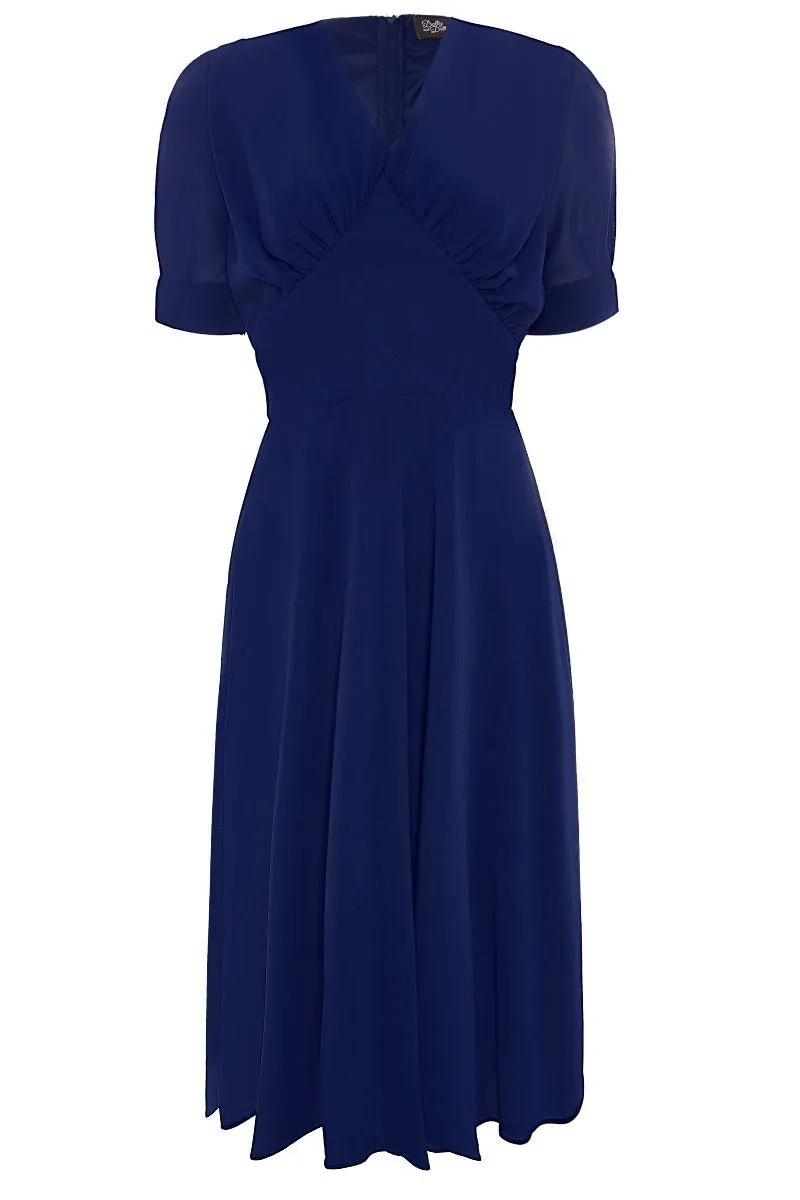 Elise 40's Balloon Sleeved Chiffon Dress in Royal Blue