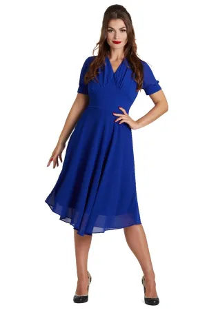 Elise 40's Balloon Sleeved Chiffon Dress in Royal Blue