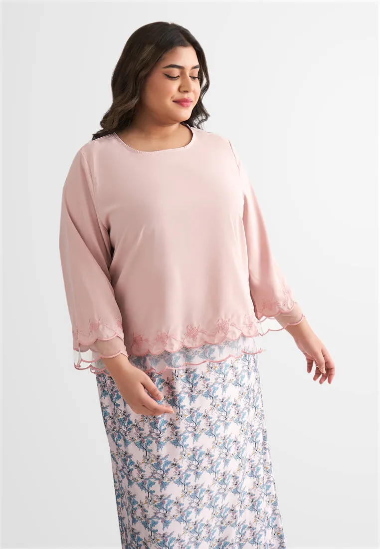 Ellah Petite Plus Short Embroidery Kurung Top - Pink