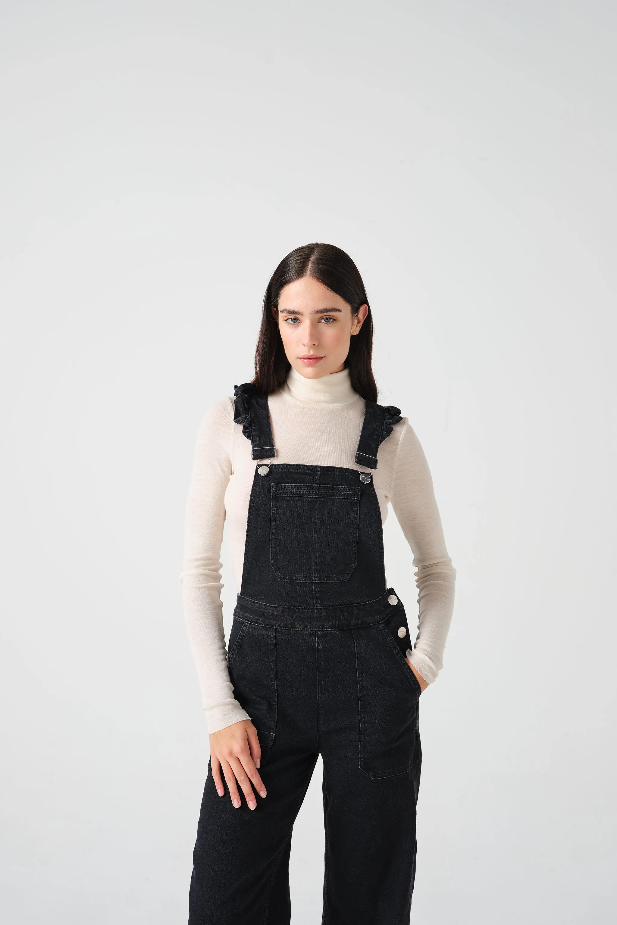 Elodie Frill Overalls in Black Denim