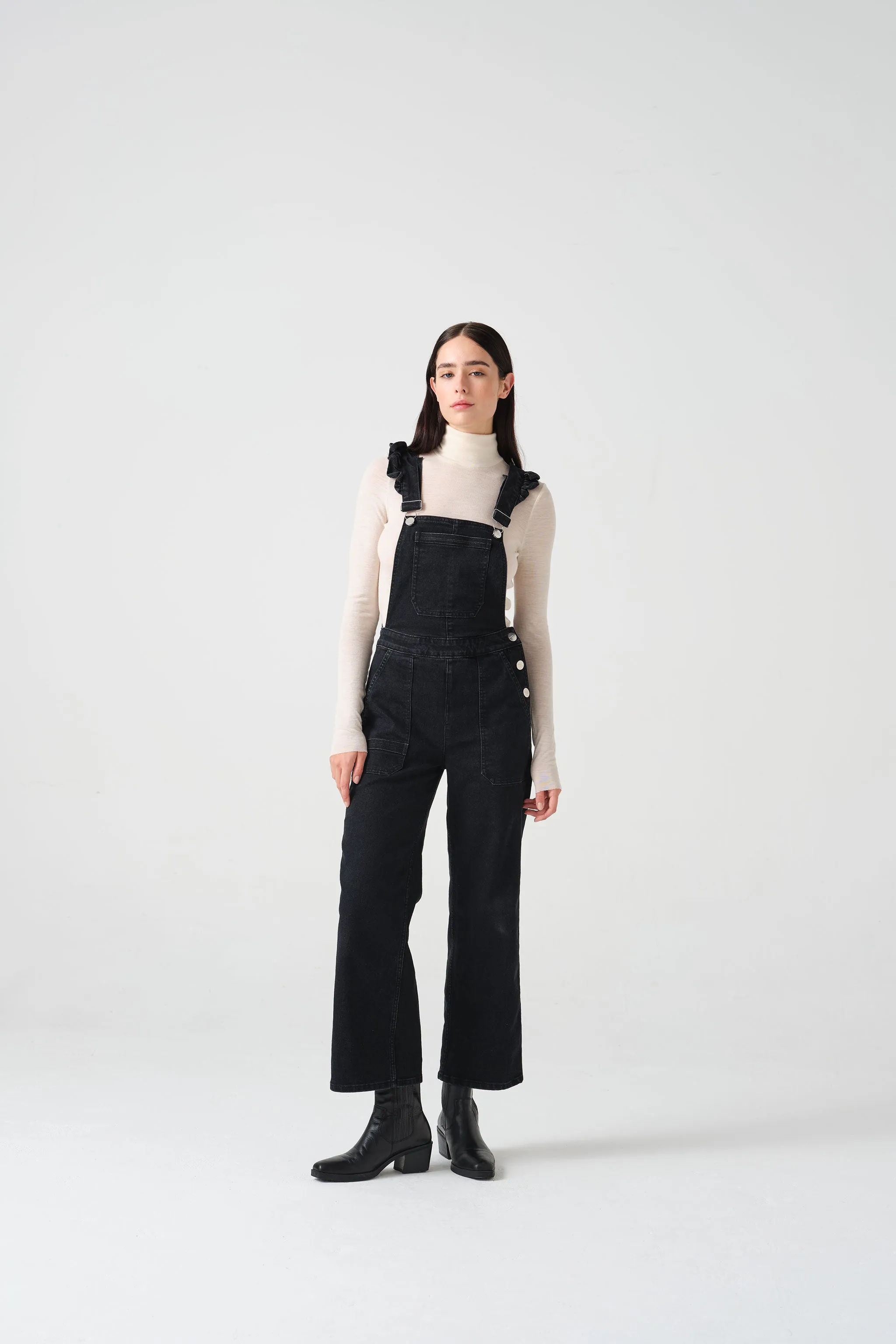 Elodie Frill Overalls in Black Denim