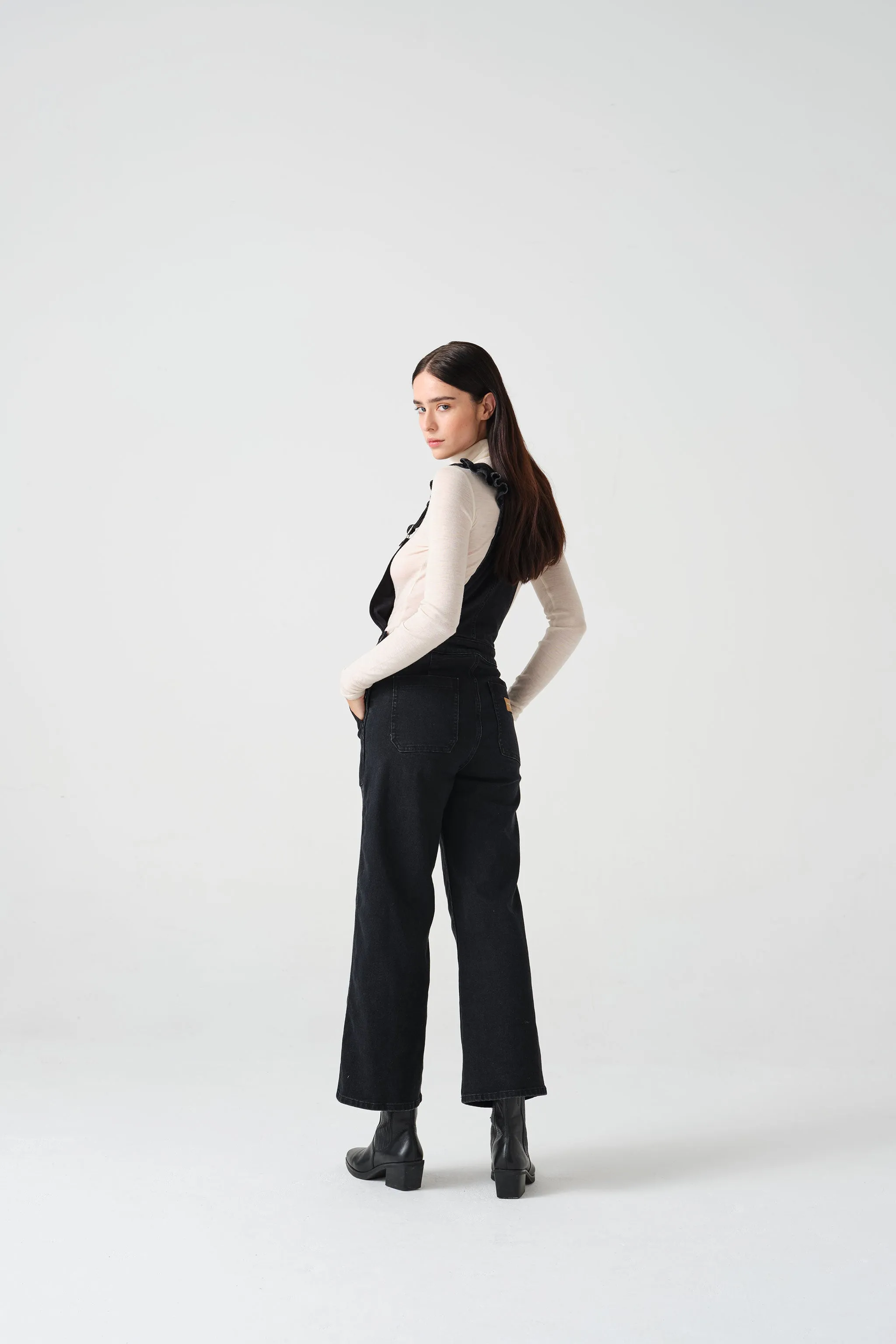 Elodie Frill Overalls in Black Denim