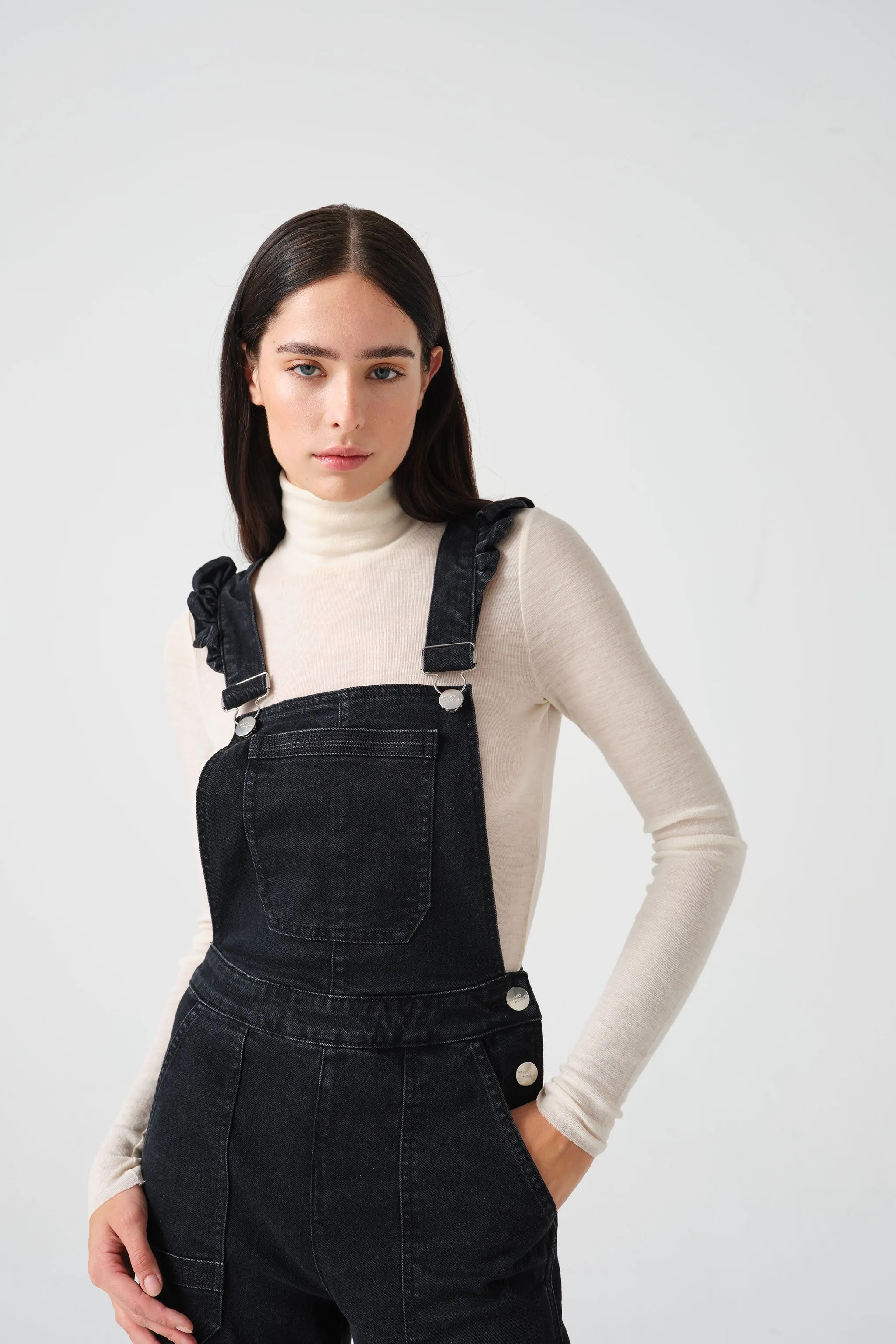 Elodie Frill Overalls in Black Denim